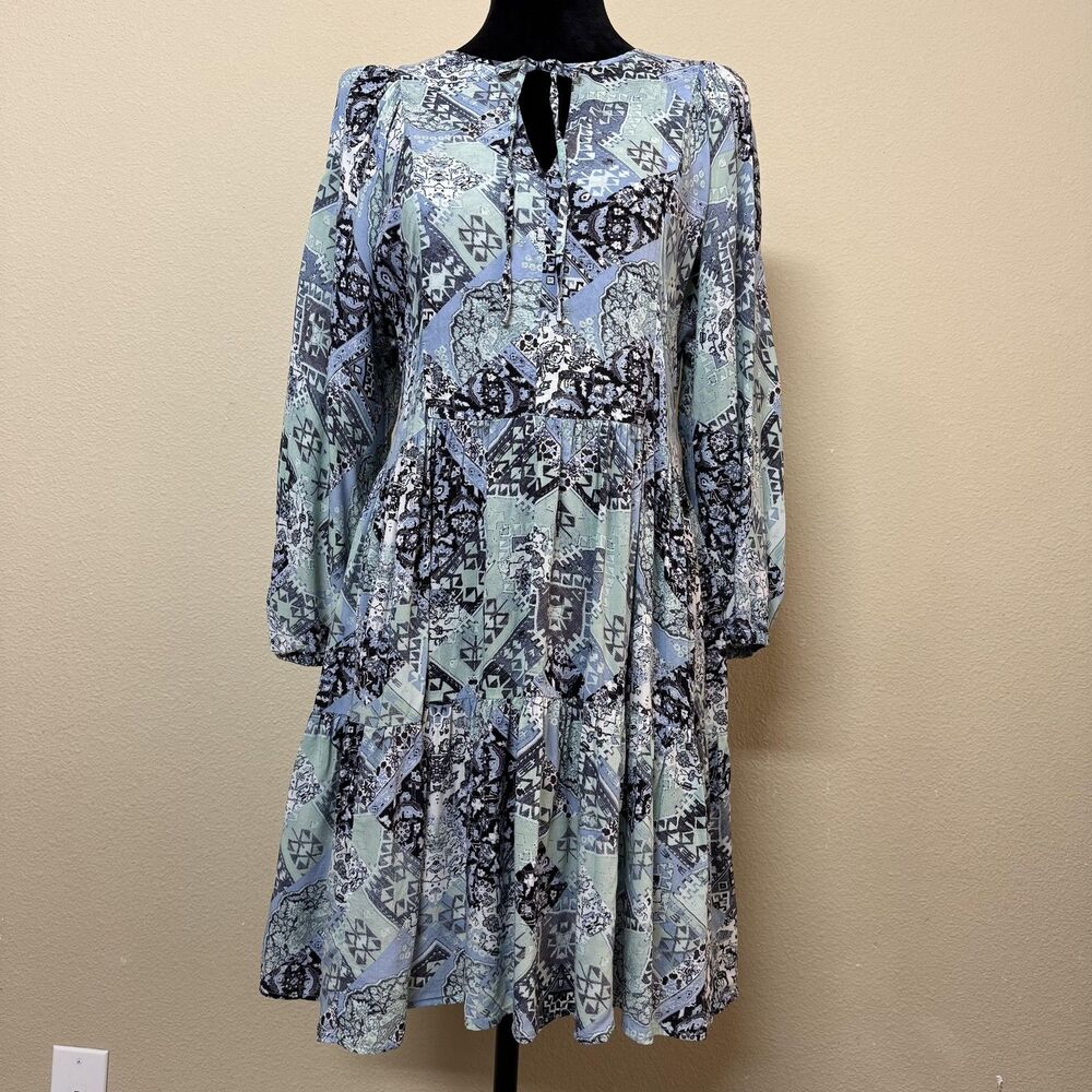 Calvin Klein Dress Womens 6 Multicolor Patchwork Boho Fit & Flare Long Sleeve